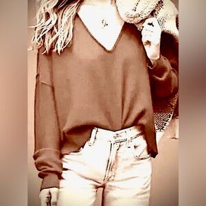 Anthropologie Pilcro Valani Cashmere V-neck Crop Sweater - coffee color size XL